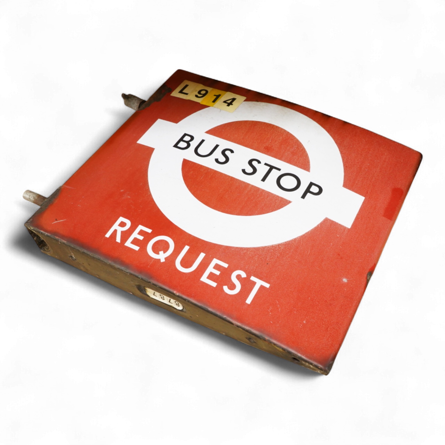 A London Transport double sided enamel Bus Stop Request sign, with applied stickers to both sides reading; ‘L914’, applied serial number underneath; 8787